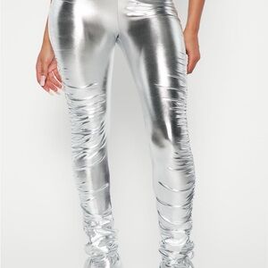 Fashion Nova Metallic Silver Ruched Leggings